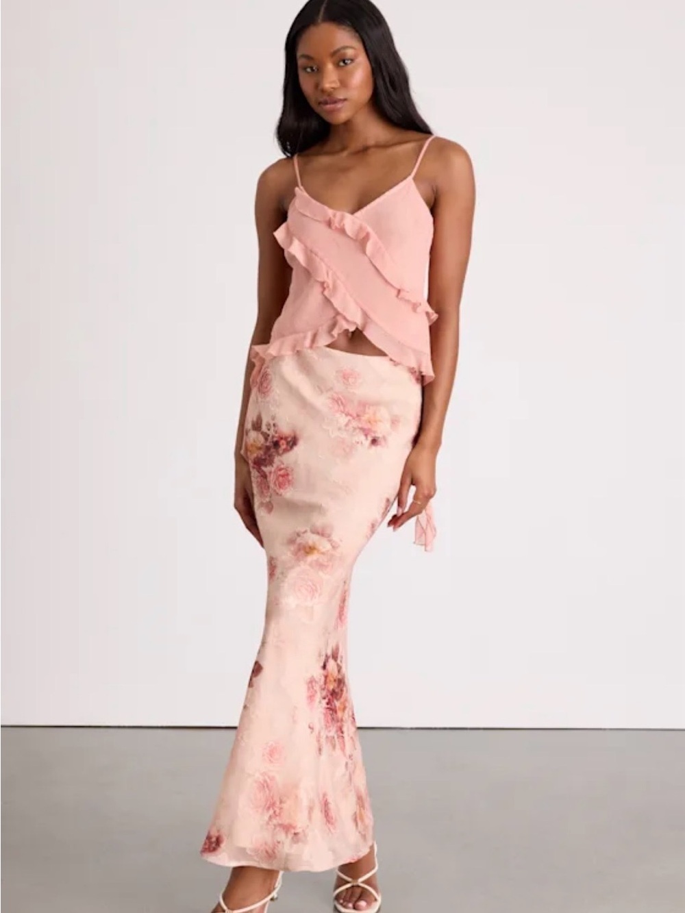 Lulu's Blush Pink Floral Satin Maxi Skirt - Picture 2 of 7